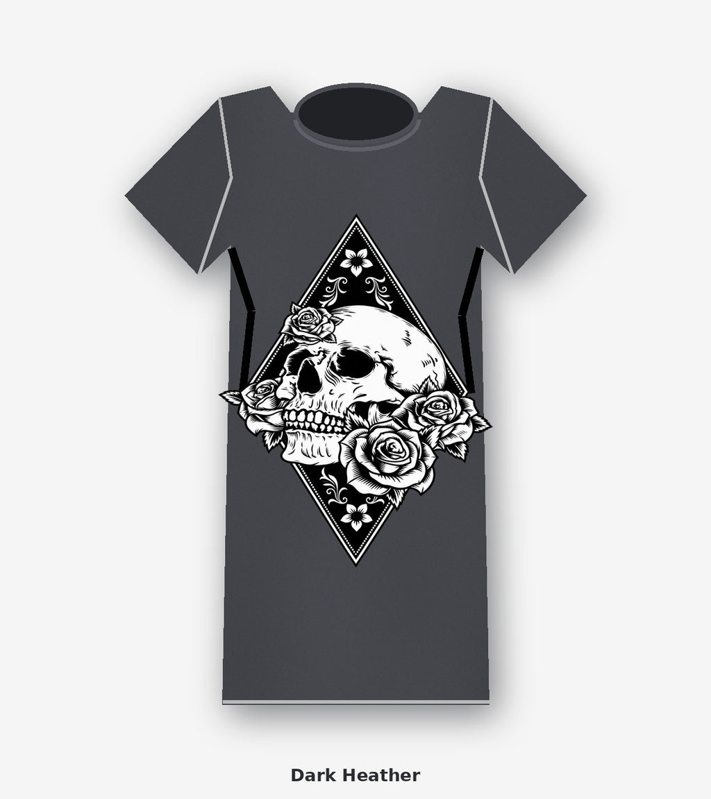 Blackwork Skull and Roses Diamond Graphic T-Shirt in Dark Heather