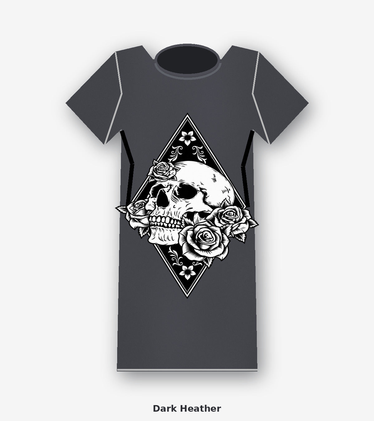 Blackwork Skull and Roses Diamond Graphic T-Shirt in Dark Heather