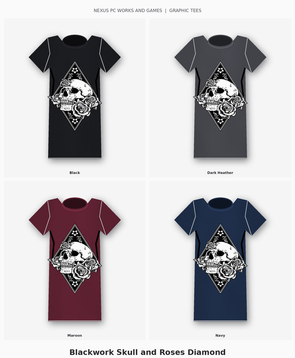 Blackwork Skull and Roses Diamond Graphic T-Shirt four-color selection