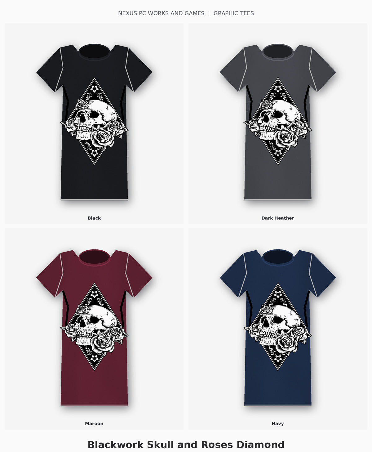 Blackwork Skull and Roses Diamond Graphic T-Shirt four-color selection