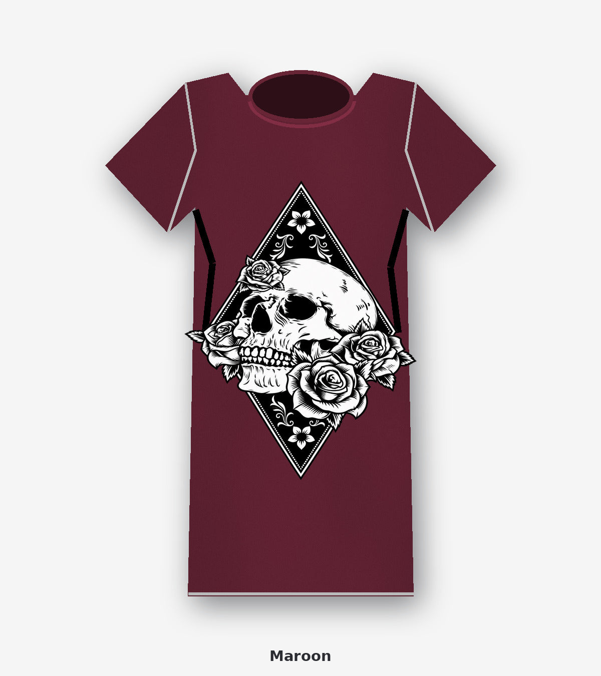 Blackwork Skull and Roses Diamond Graphic T-Shirt in Maroon