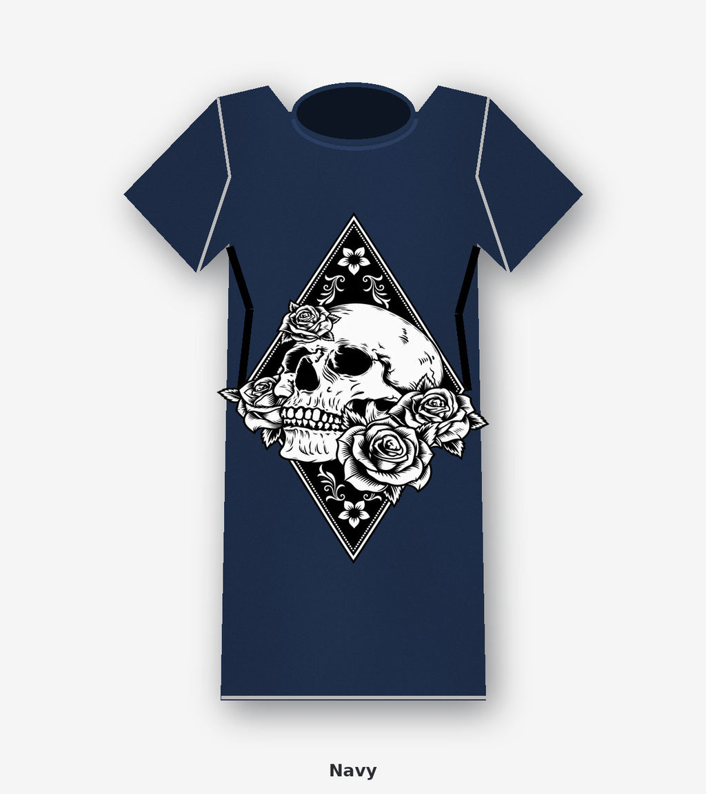 Blackwork Skull and Roses Diamond Graphic T-Shirt in Navy
