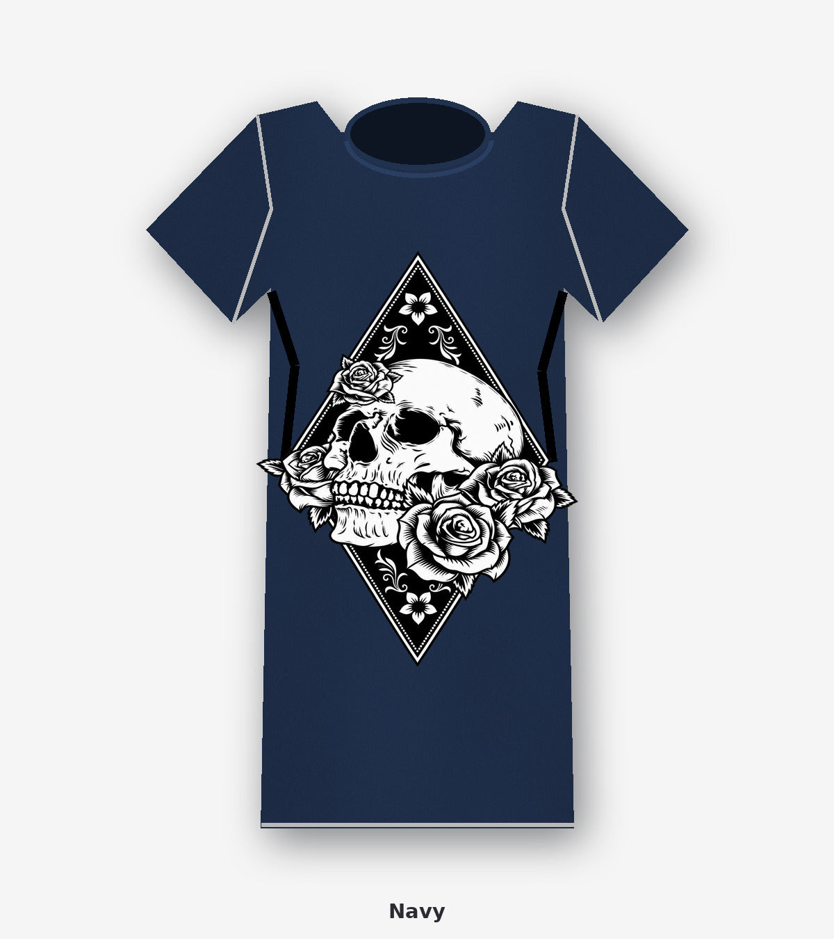 Blackwork Skull and Roses Diamond Graphic T-Shirt in Navy