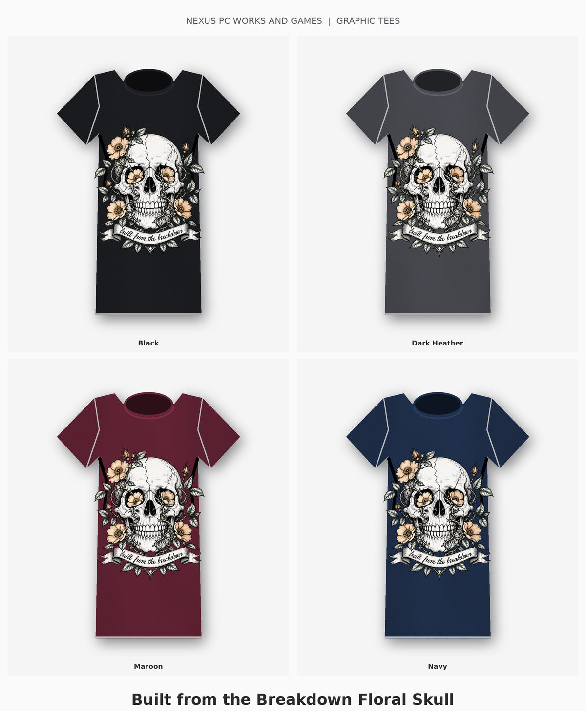 Built from the Breakdown Floral Skull Graphic T-Shirt four-color selection