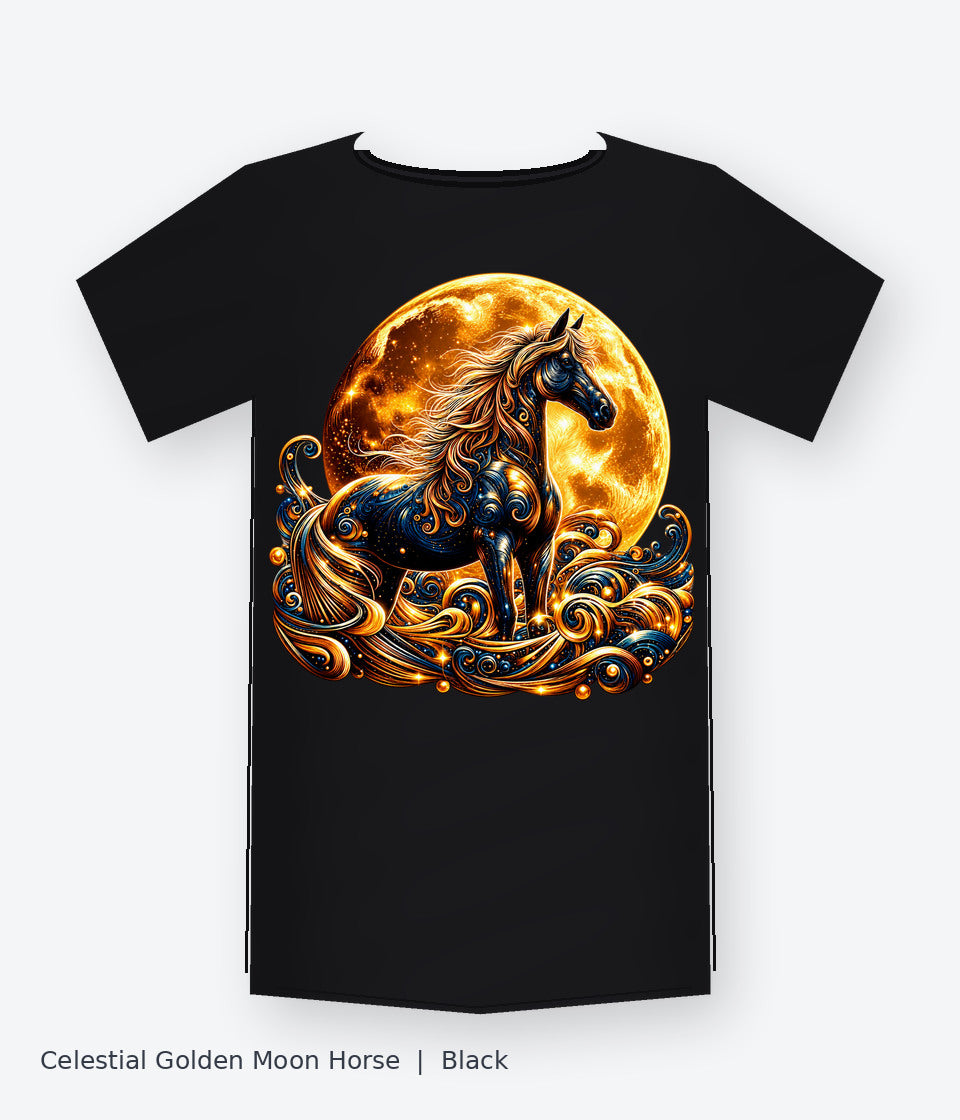 Celestial Golden Moon Horse on black T-shirt