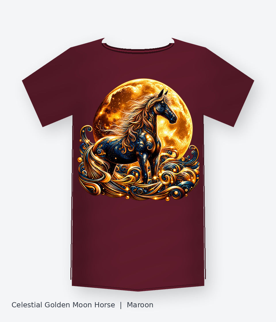 Celestial Golden Moon Horse on maroon T-shirt