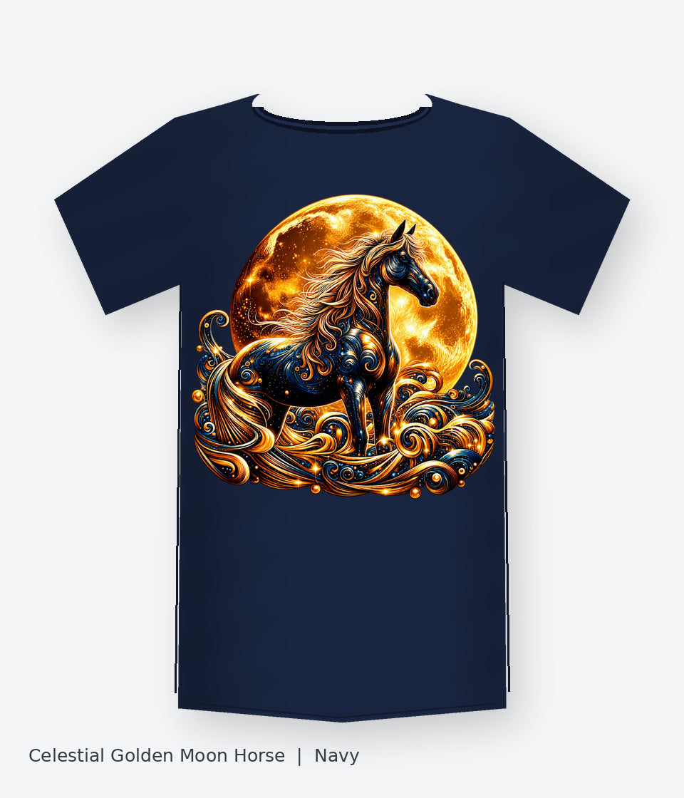 Celestial Golden Moon Horse on navy T-shirt