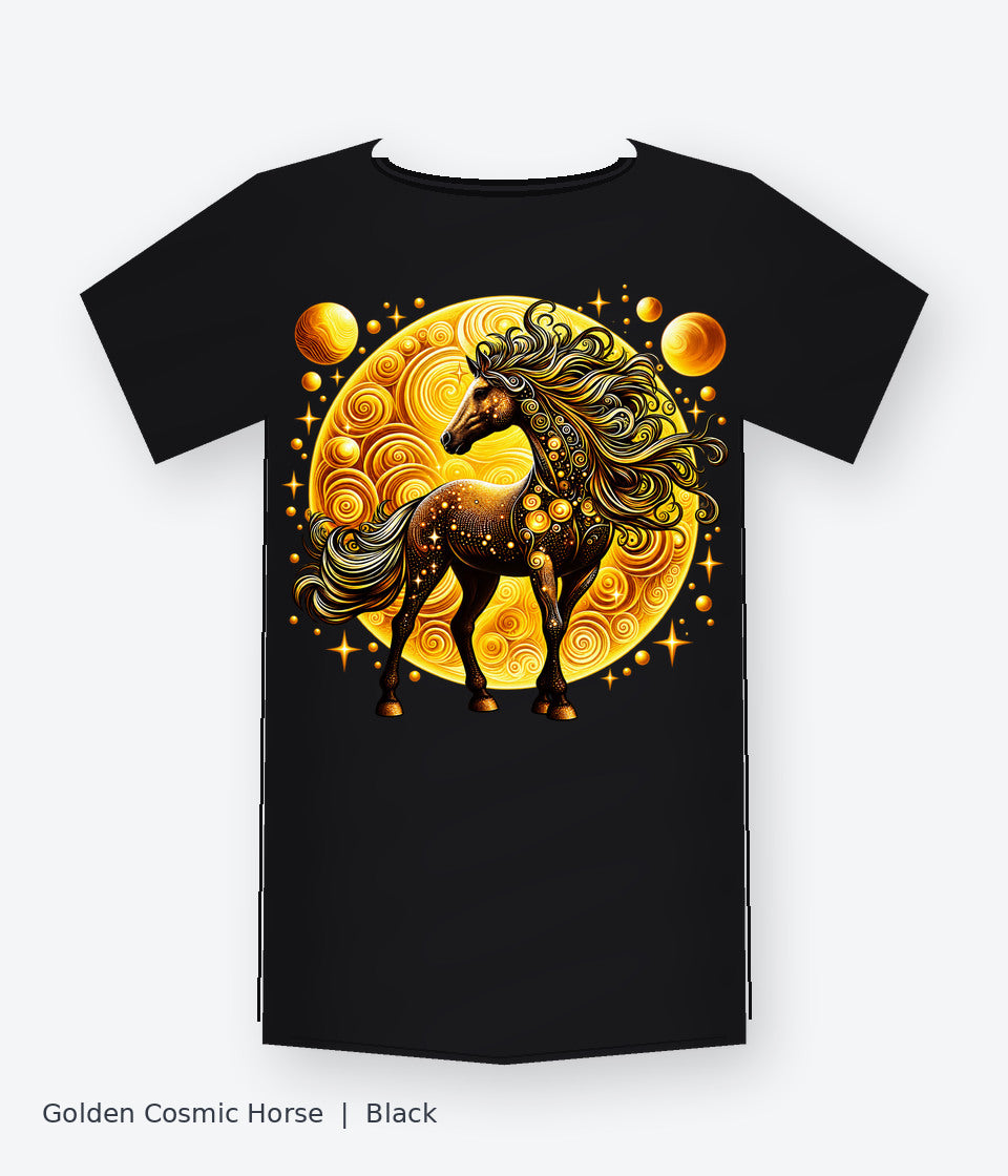 Golden Cosmic Horse on black T-shirt