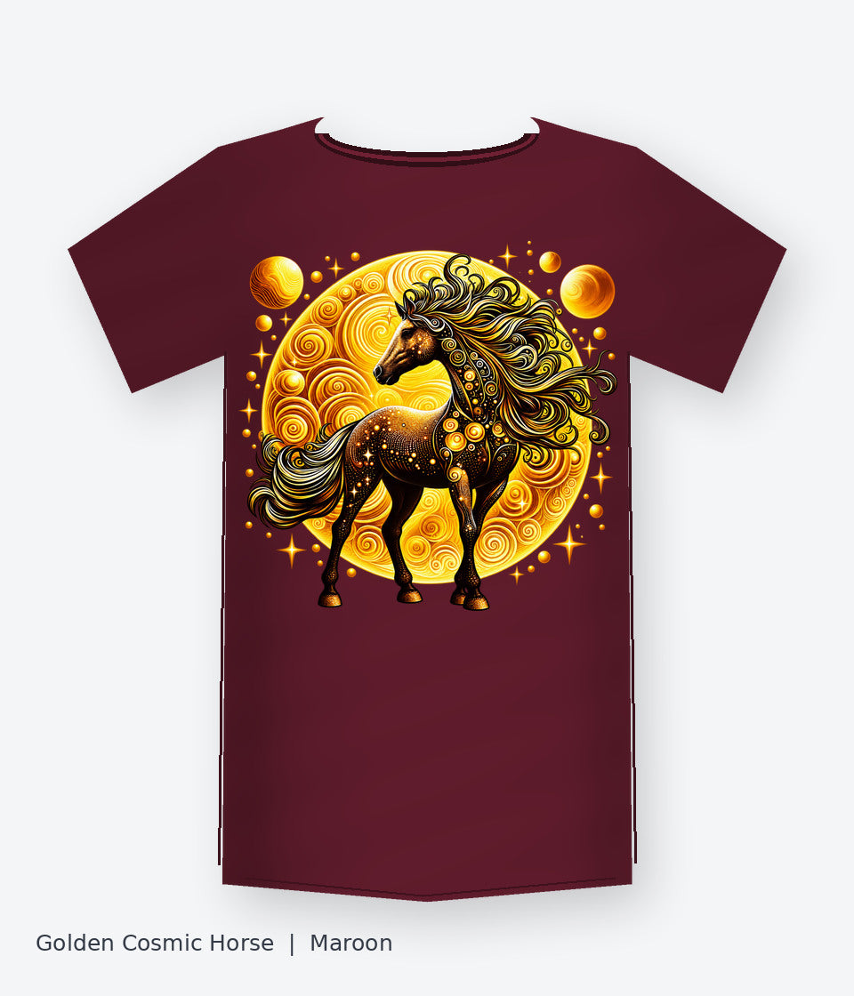 Golden Cosmic Horse on maroon T-shirt