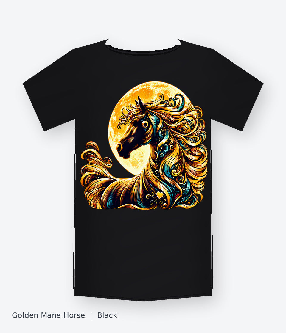 Golden Mane Horse on black T-shirt