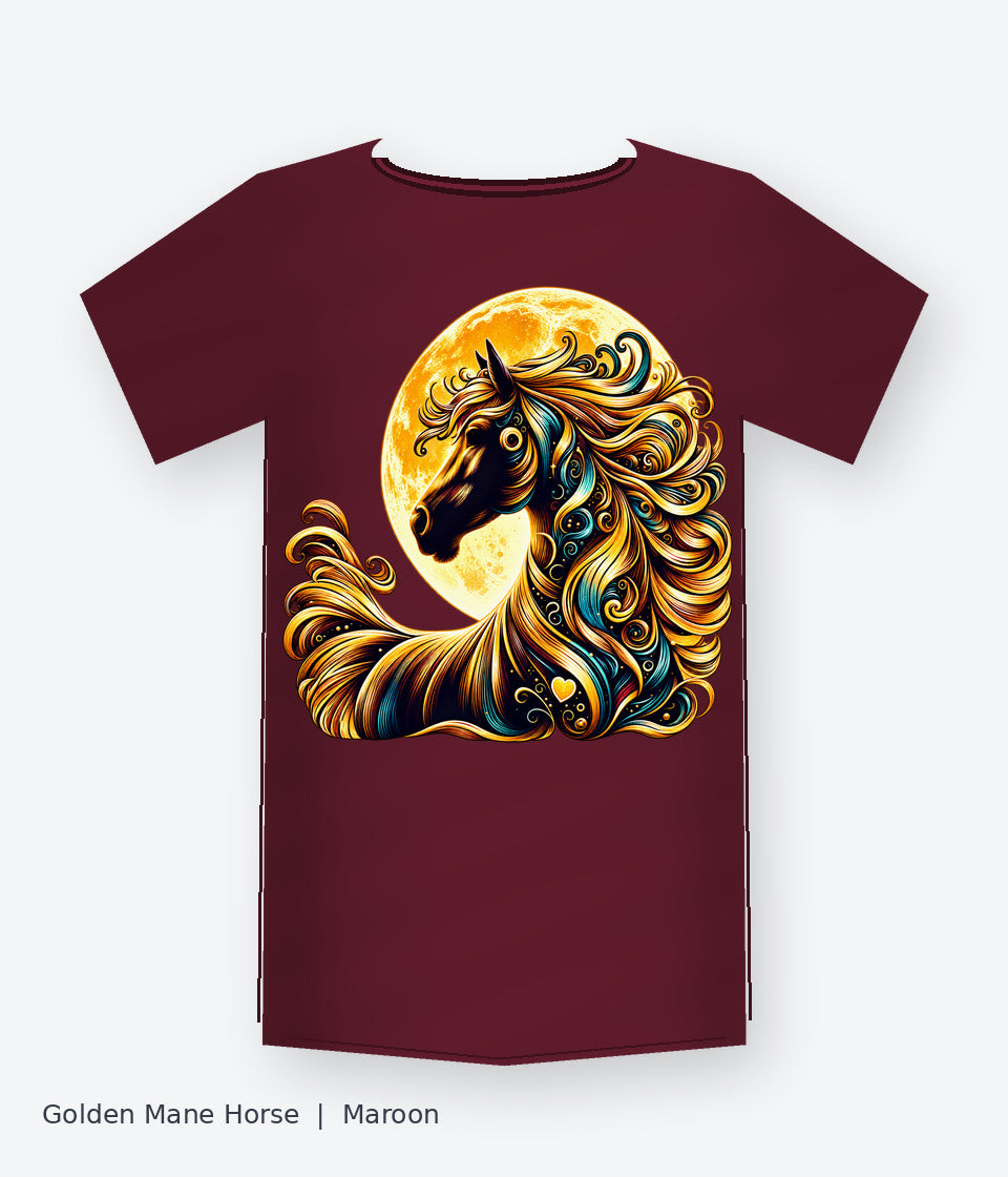 Golden Mane Horse on maroon T-shirt