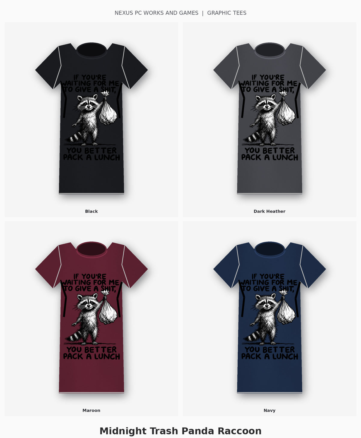 Midnight Trash Panda Raccoon Graphic T-Shirt available shirt colors collage
