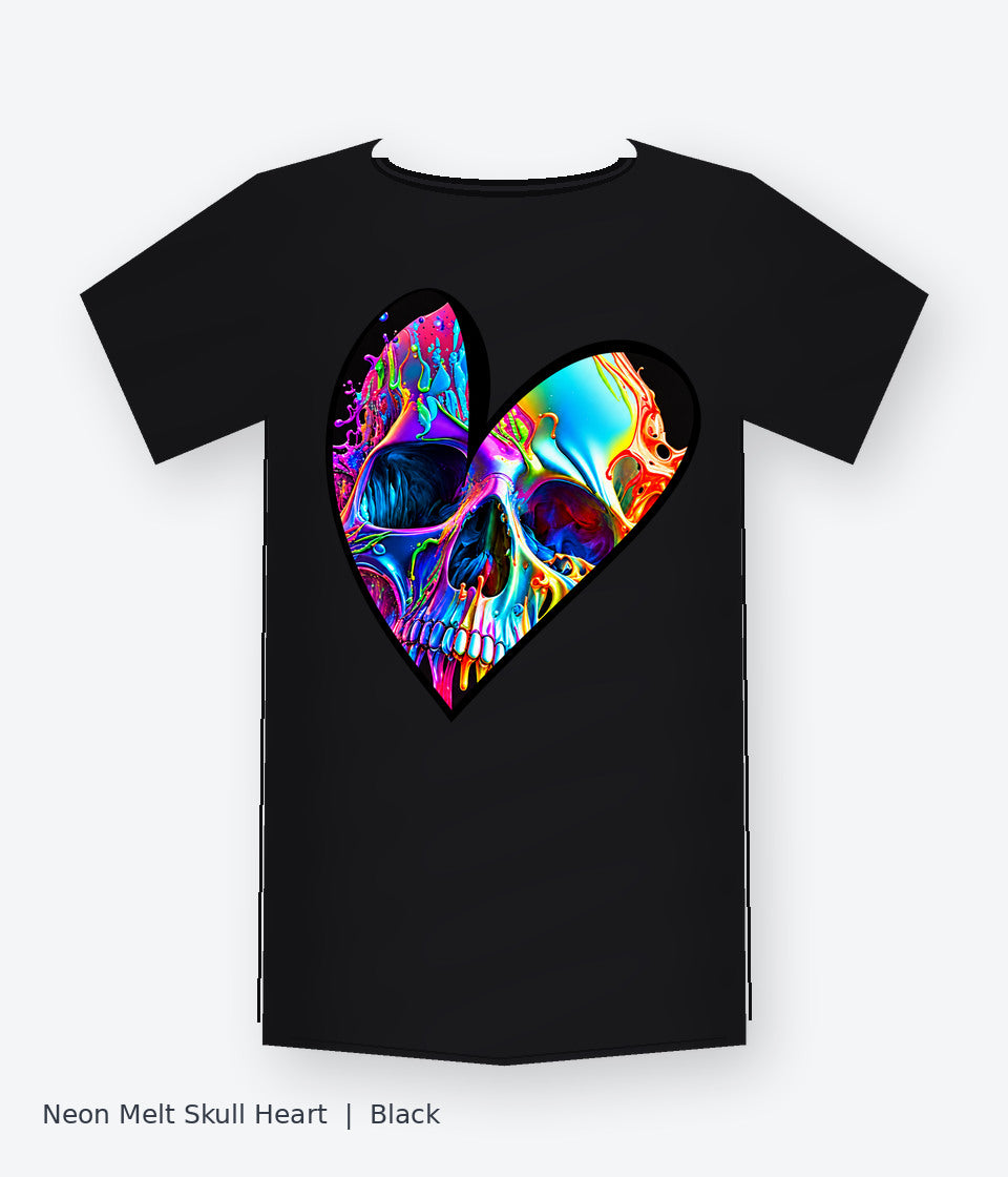 Neon Melt Skull Heart on black T-shirt