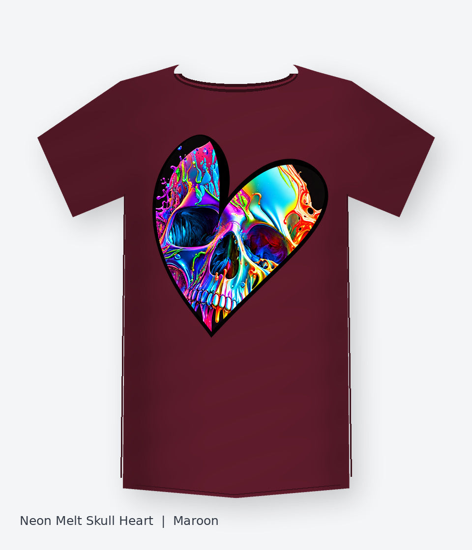 Neon Melt Skull Heart on maroon T-shirt