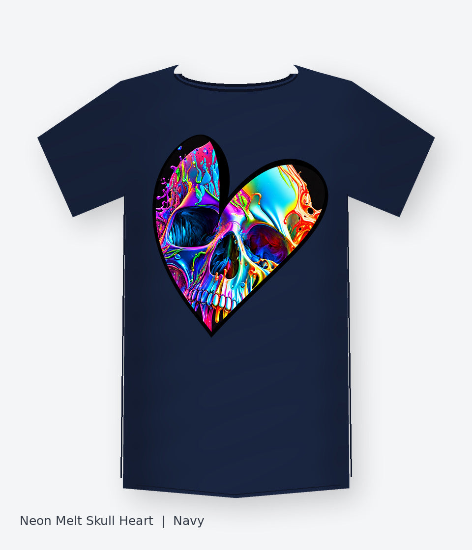 Neon Melt Skull Heart on navy T-shirt