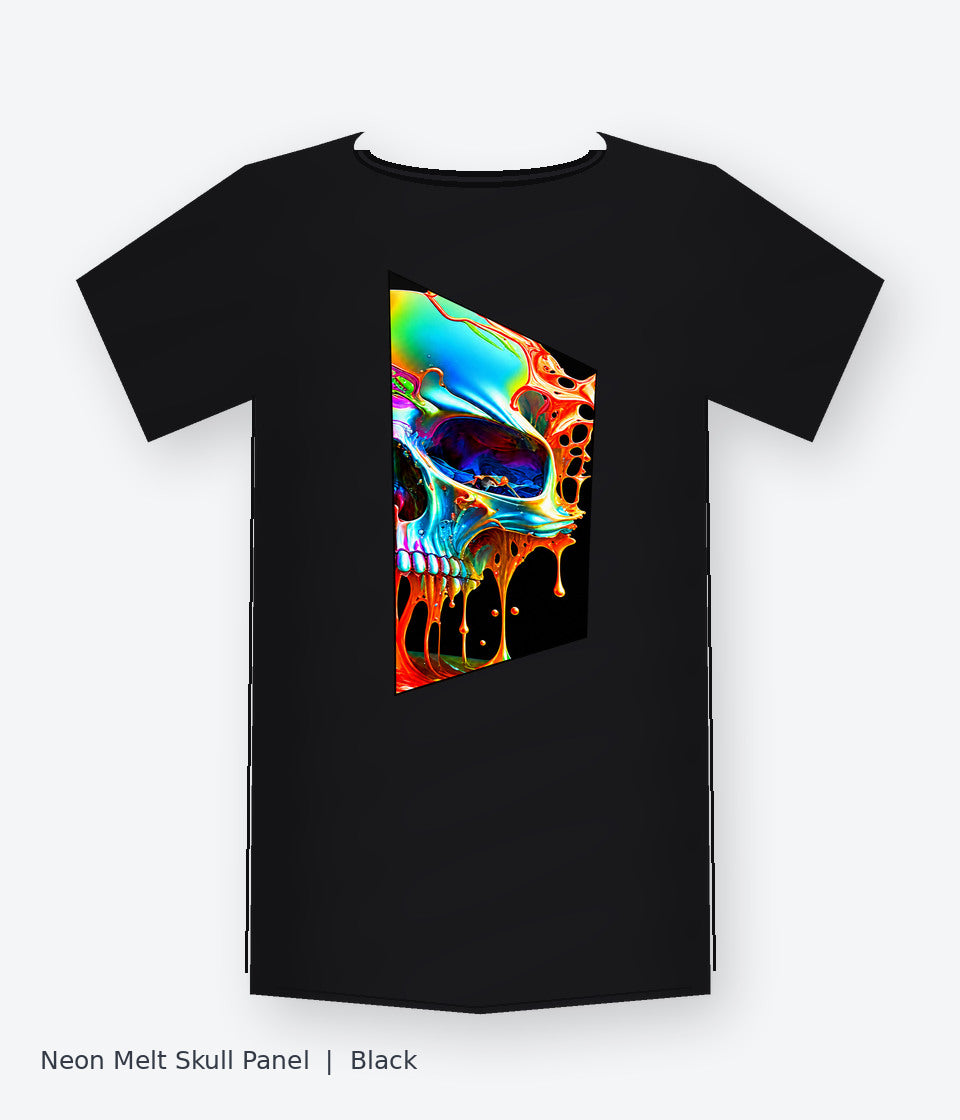 Neon Melt Skull Panel on black T-shirt