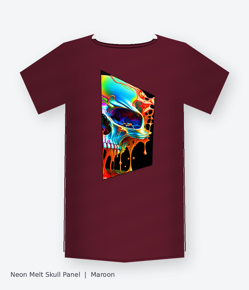 Neon Melt Skull Panel on maroon T-shirt