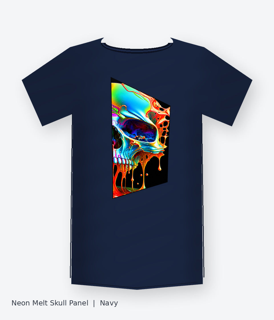 Neon Melt Skull Panel on navy T-shirt