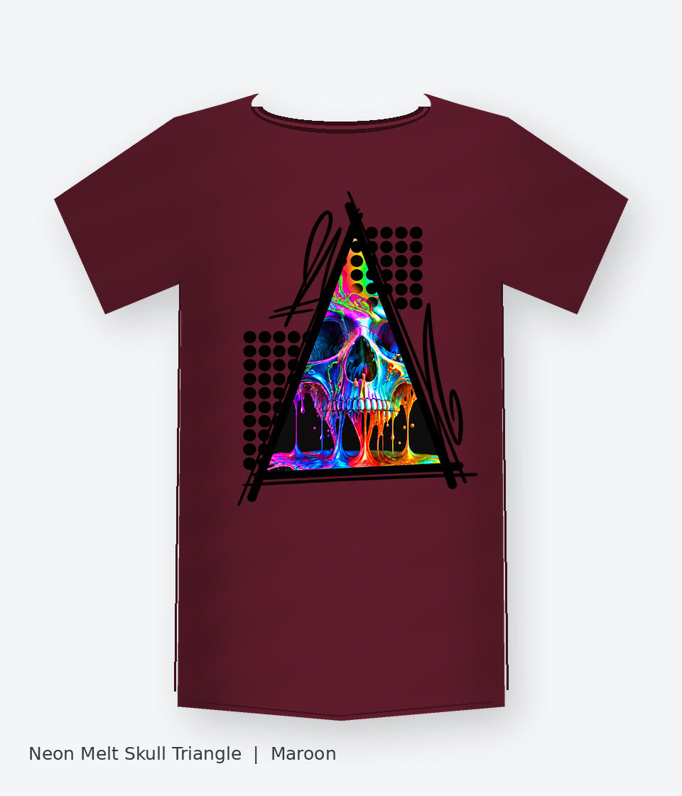 Neon Melt Skull Triangle on maroon T-shirt