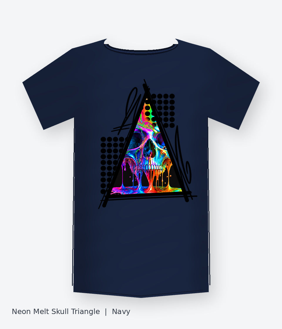 Neon Melt Skull Triangle on navy T-shirt