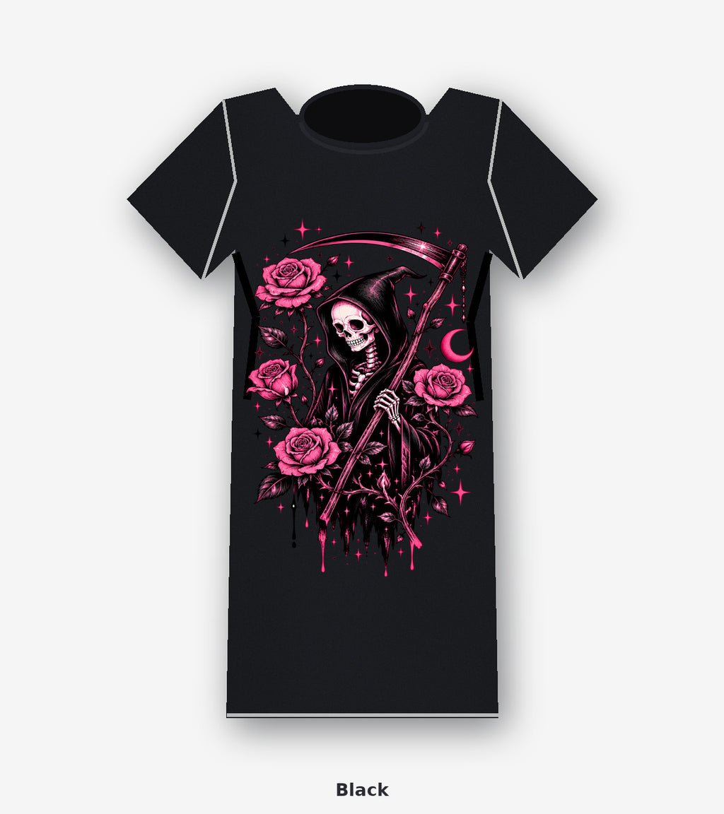Pink Reaper and Roses Gothic Graphic T-Shirt in Black