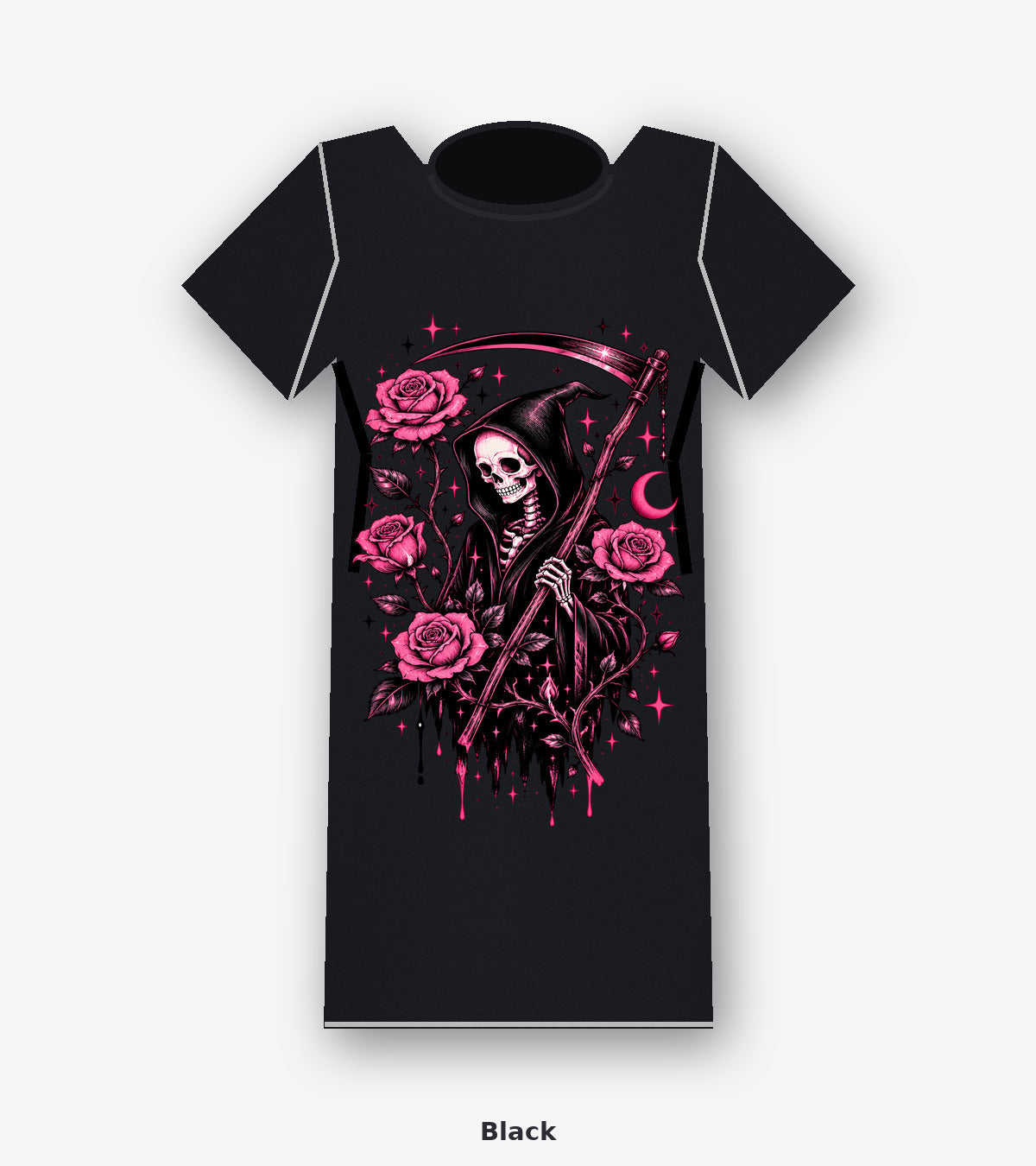 Pink Reaper and Roses Gothic Graphic T-Shirt in Black