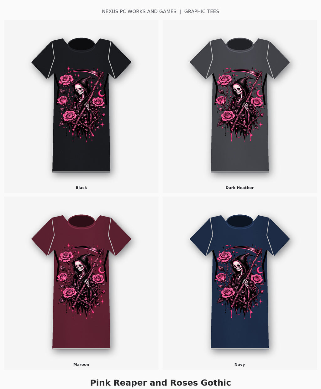 Pink Reaper and Roses Gothic Graphic T-Shirt four-color selection