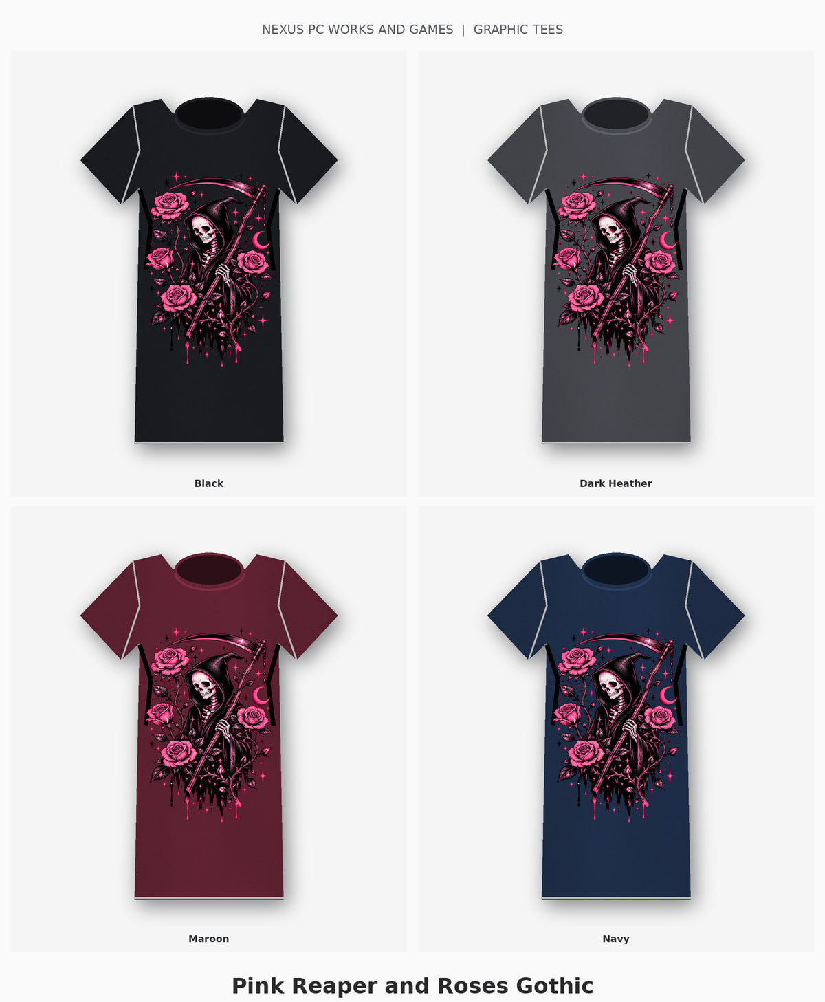 Pink Reaper and Roses Gothic Graphic T-Shirt four-color selection