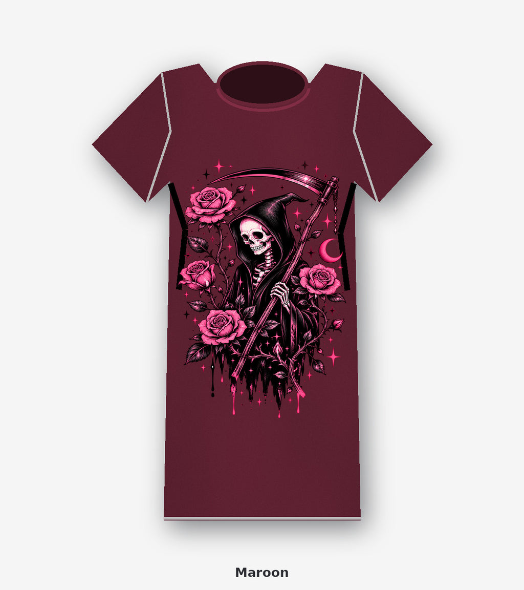 Pink Reaper and Roses Gothic Graphic T-Shirt in Maroon