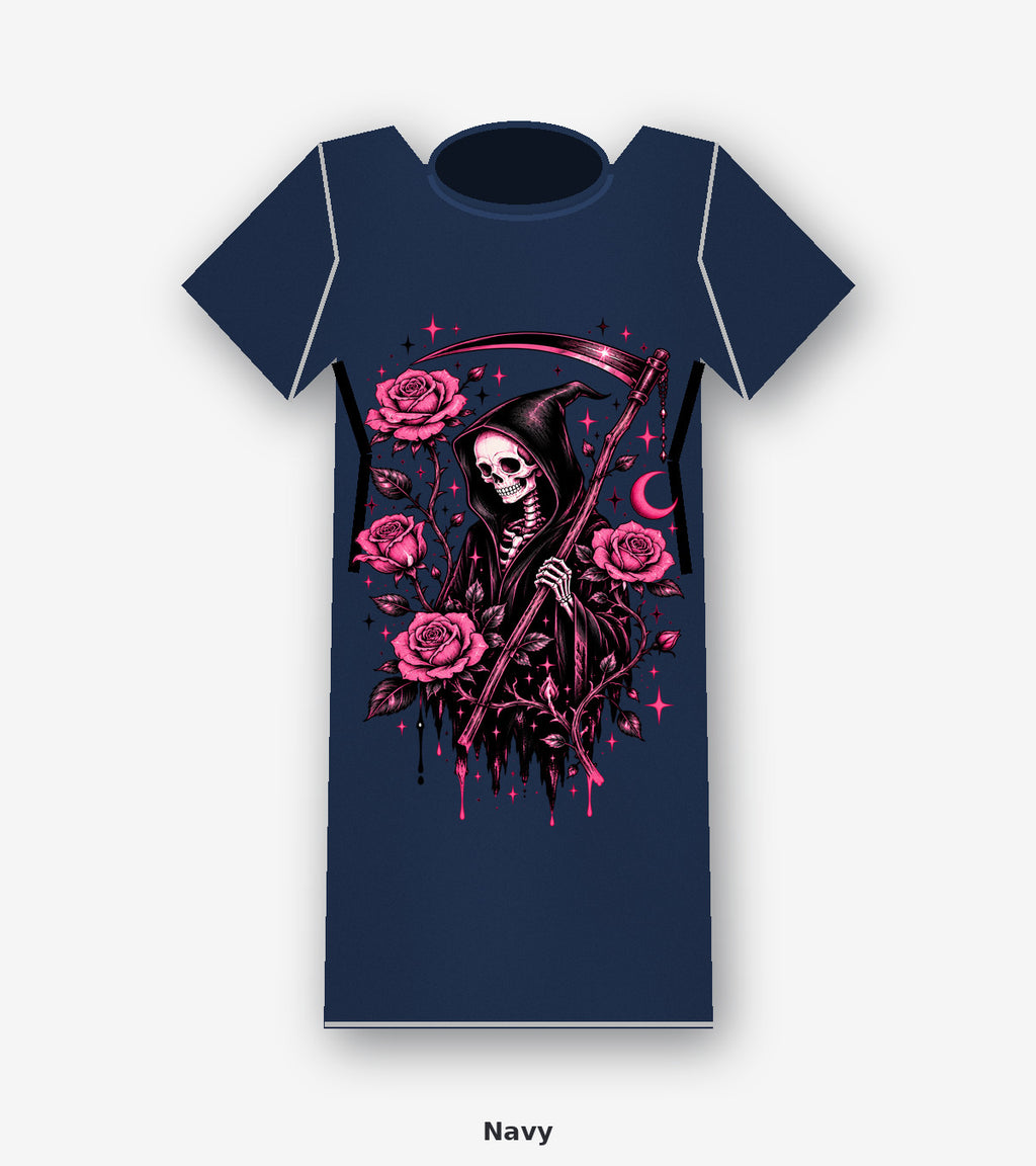 Pink Reaper and Roses Gothic Graphic T-Shirt in Navy