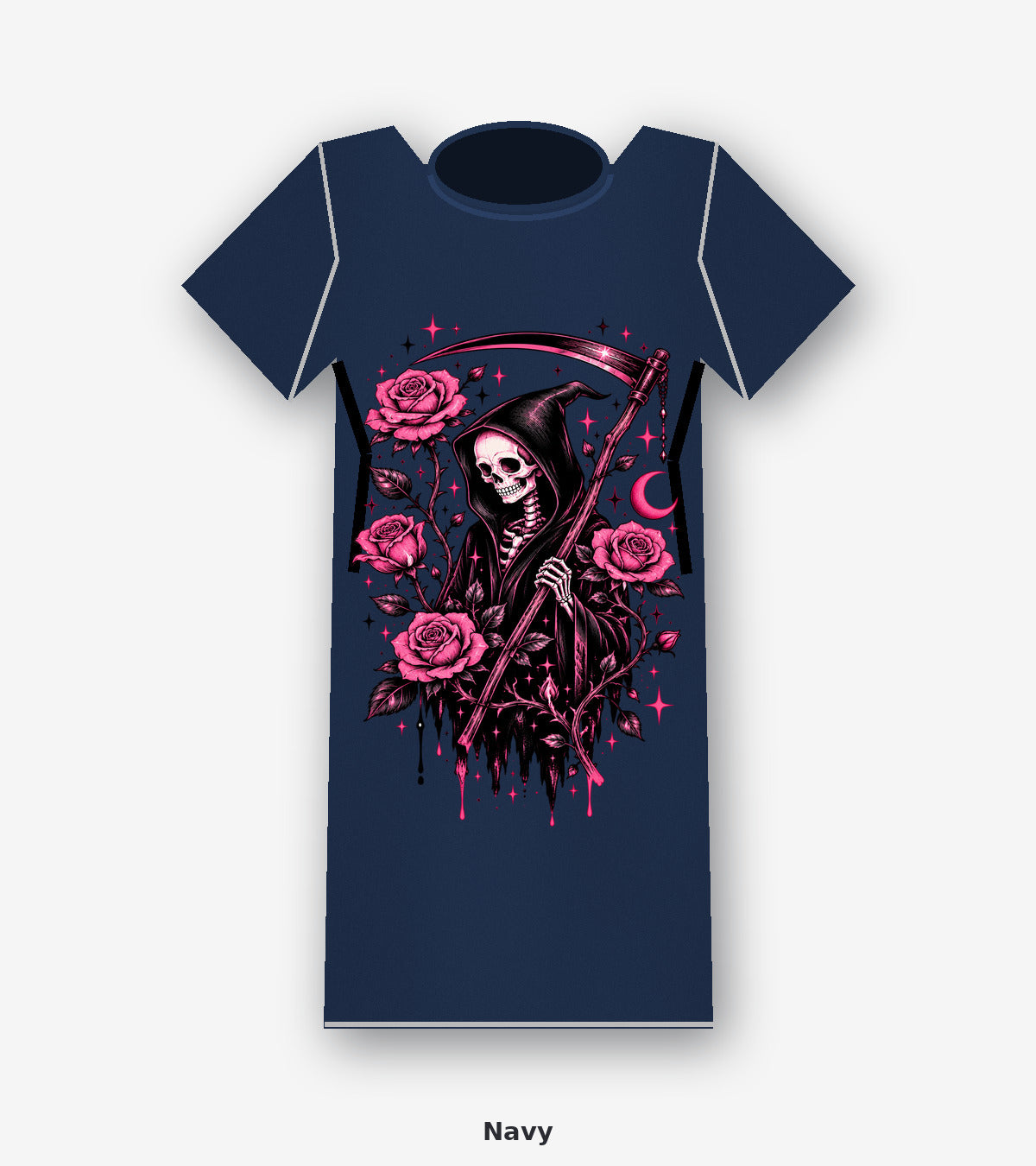 Pink Reaper and Roses Gothic Graphic T-Shirt in Navy