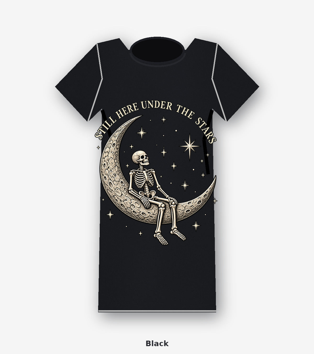 Still Here Under the Stars Skeleton Moon Graphic T-Shirt in Black