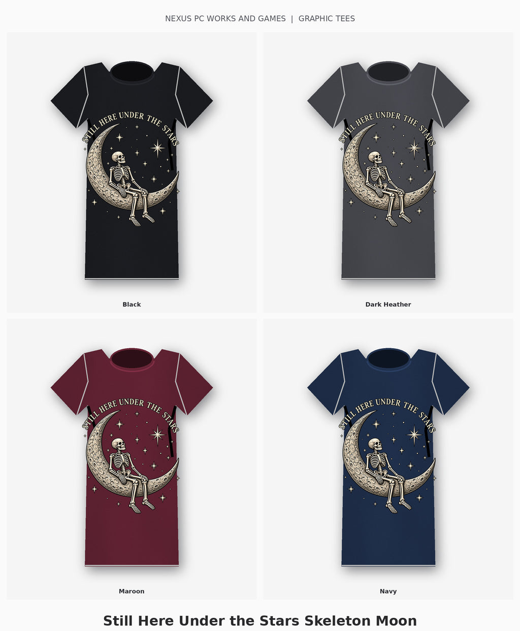 Still Here Under the Stars Skeleton Moon Graphic T-Shirt four-color selection