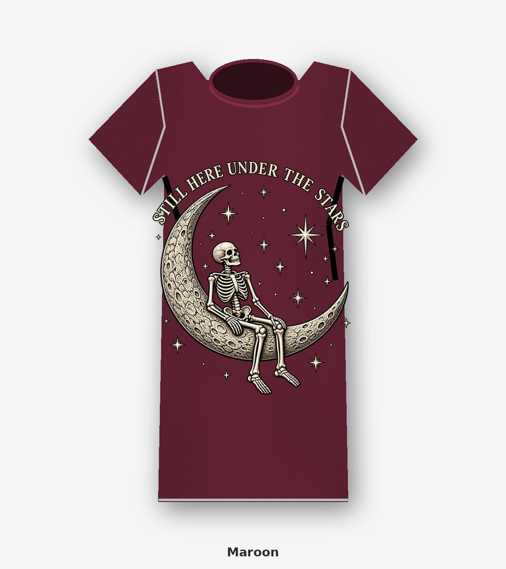 Still Here Under the Stars Skeleton Moon Graphic T-Shirt in Maroon