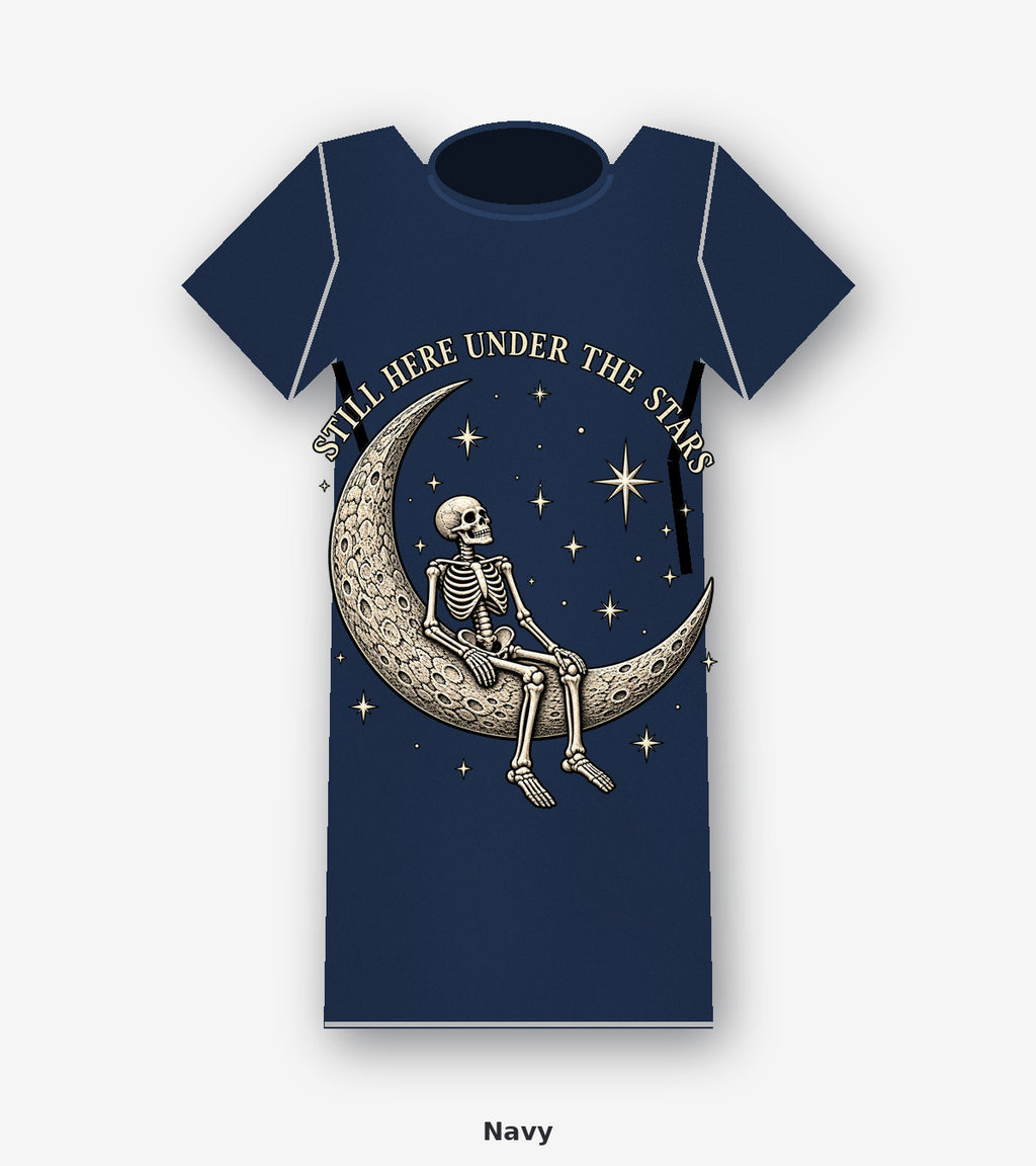 Still Here Under the Stars Skeleton Moon Graphic T-Shirt in Navy