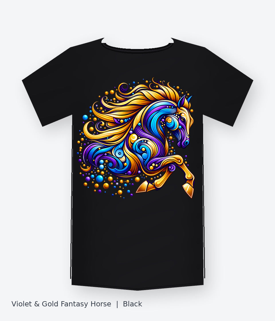Violet and Gold Fantasy Horse on black T-shirt