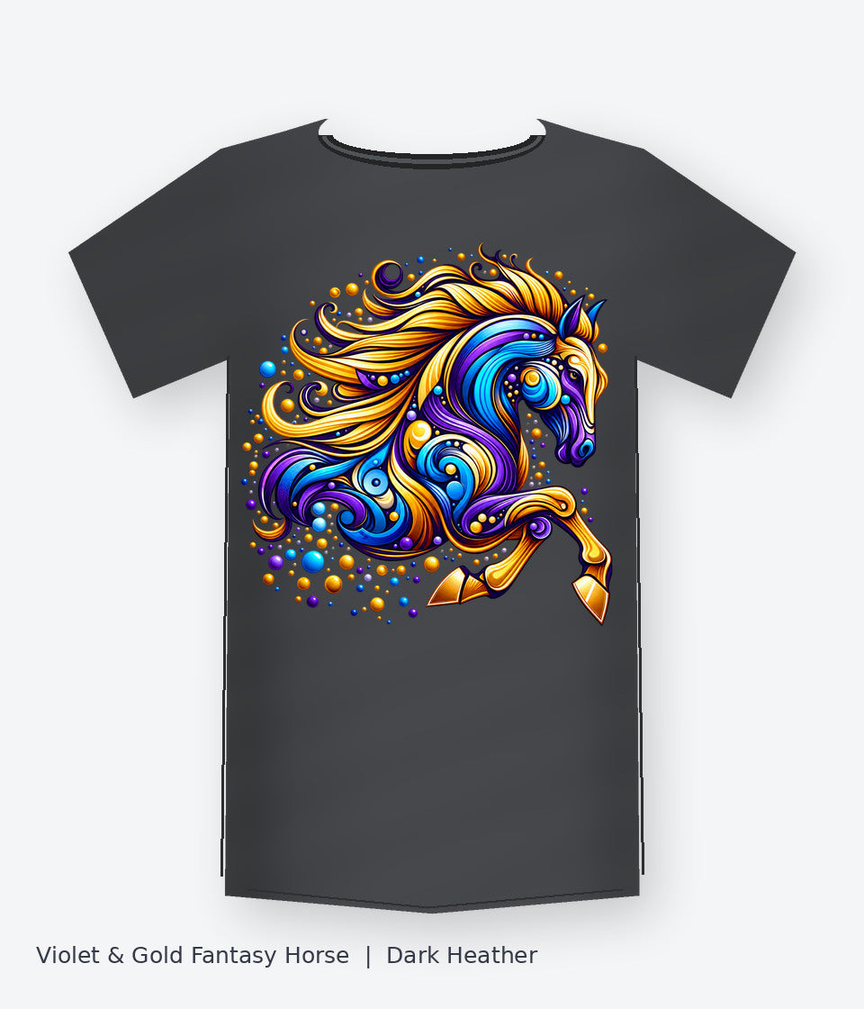 Violet and Gold Fantasy Horse on dark heather T-shirt