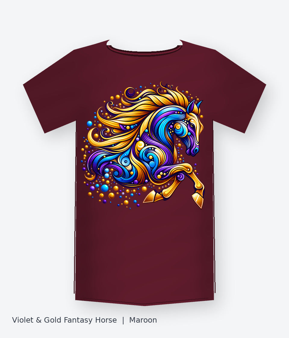 Violet and Gold Fantasy Horse on maroon T-shirt