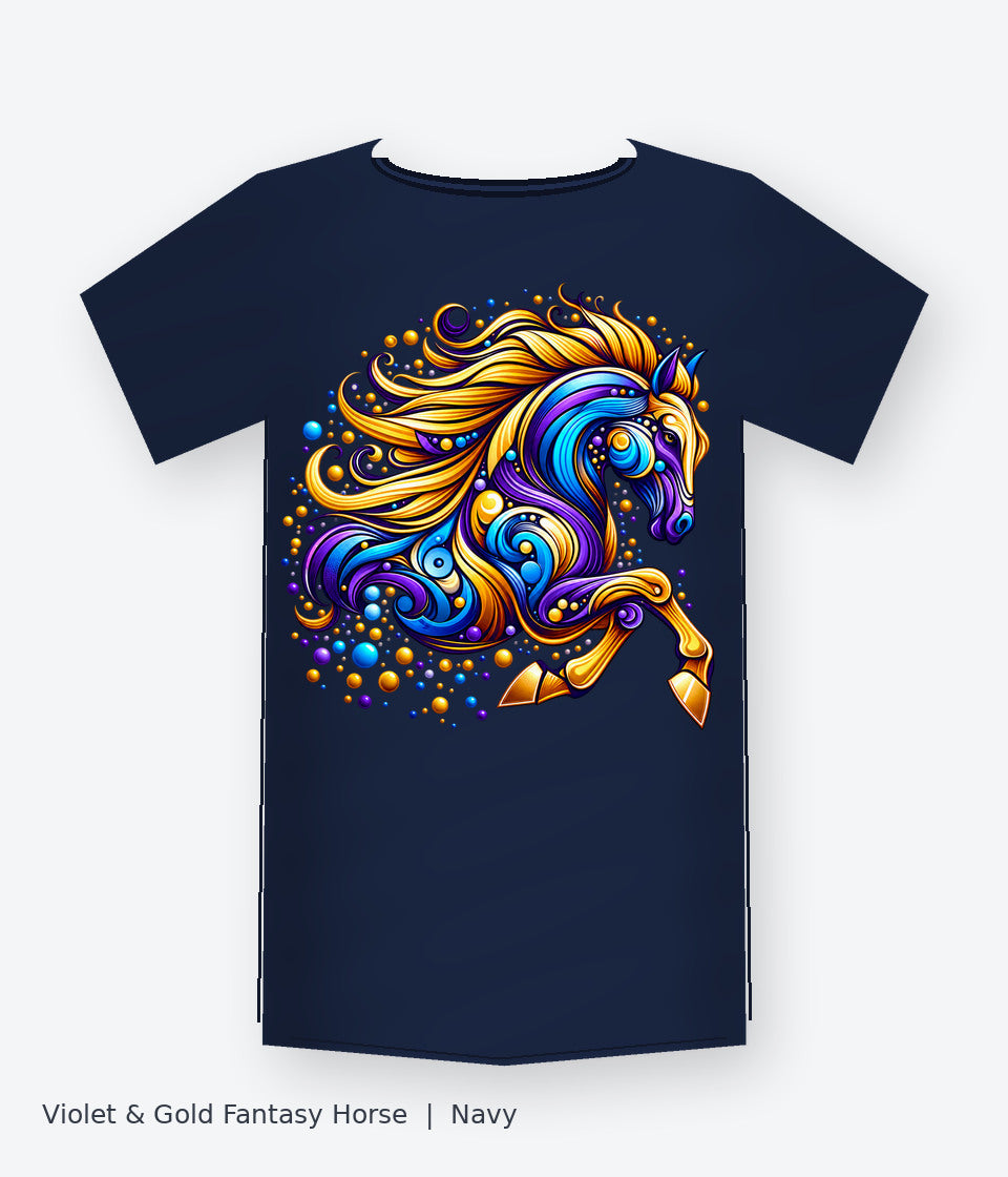 Violet and Gold Fantasy Horse on navy T-shirt