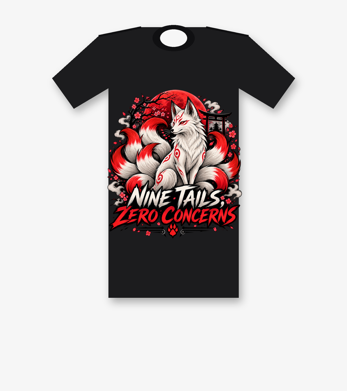 Nine Tails, Zero Concerns graphic tee in black, featuring a white nine-tailed fox with a crimson moon and torii gate