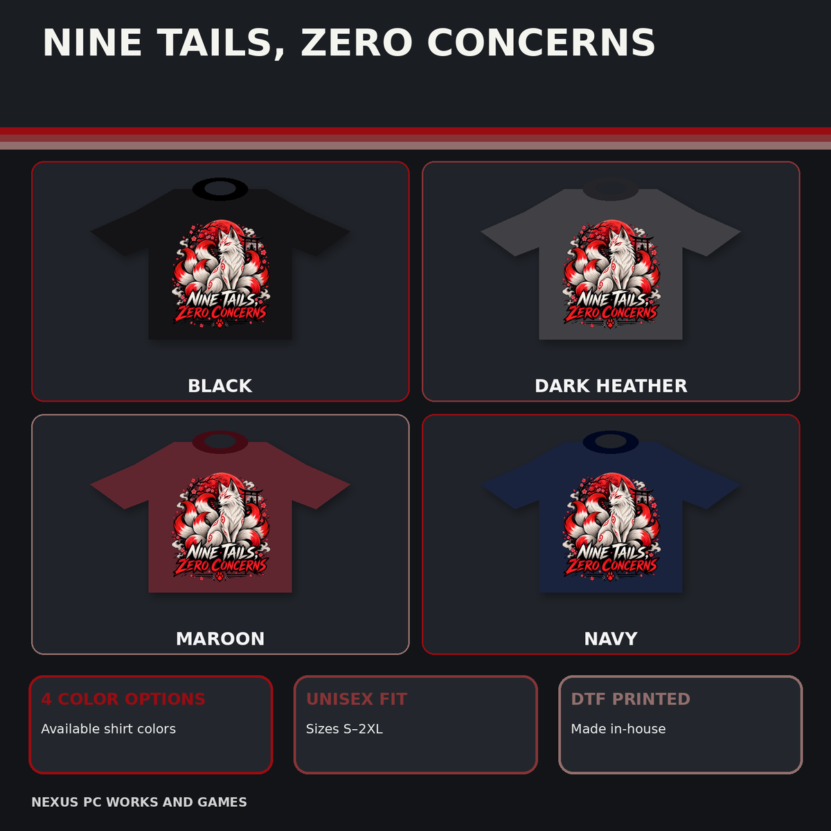 Nine Tails, Zero Concerns fox tee shown in black, dark heather, maroon and navy