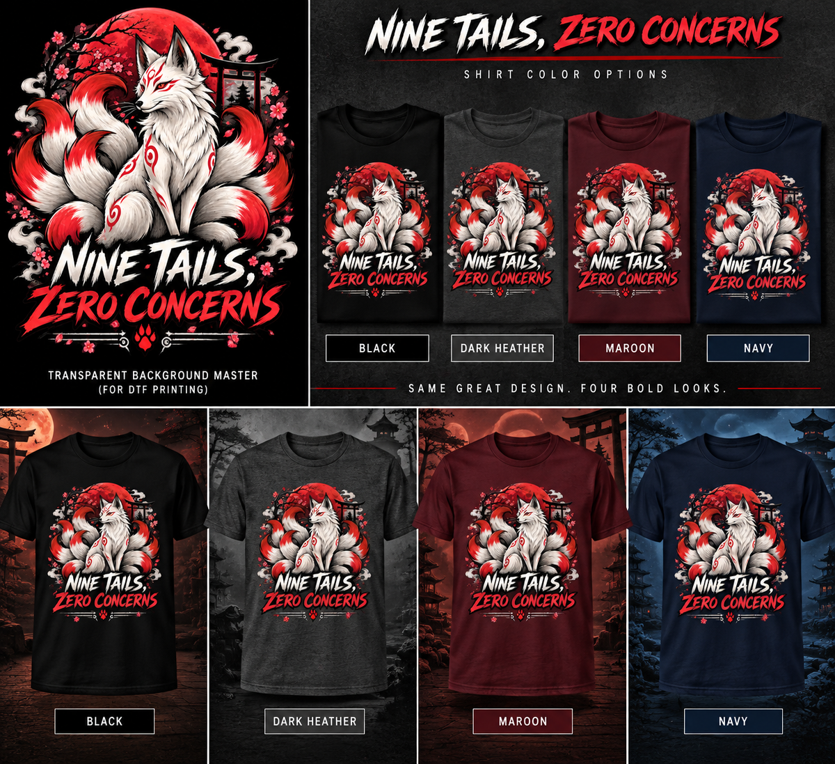Nine Tails, Zero Concerns T-shirt colors: Black, Dark Heather, Maroon, and Navy