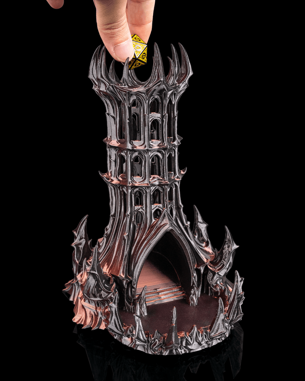 Obsidian Citadel dice tower demonstrating dice drop