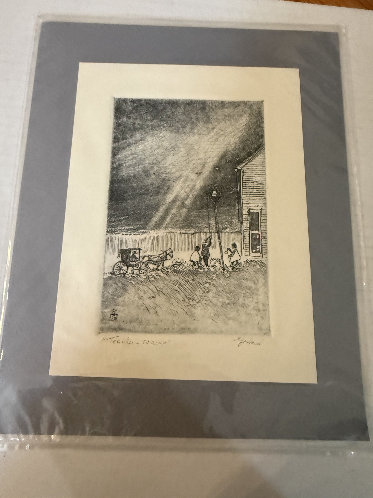Ed Gifford Amish Farm Wagon at Barn | Signed Matted Etching, exact artwork front