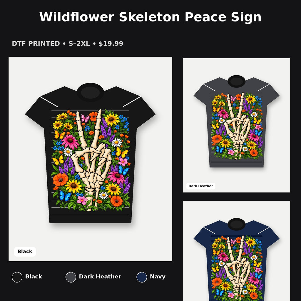 Wildflower Skeleton Peace Sign T-Shirt promotional collage with available shirt colors