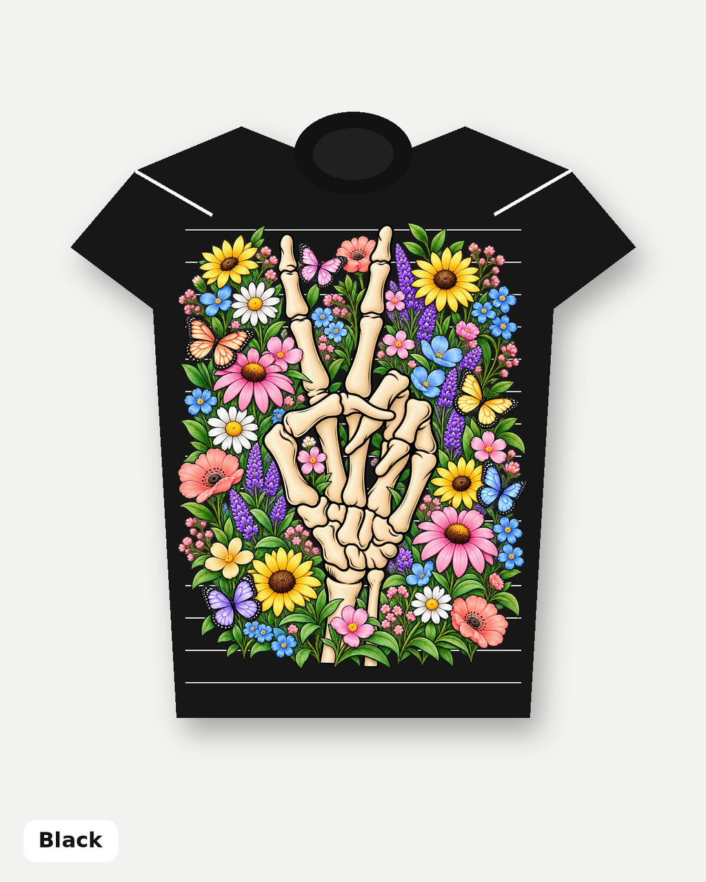 Pastel Floral Skeleton Peace Sign T-Shirt - Black