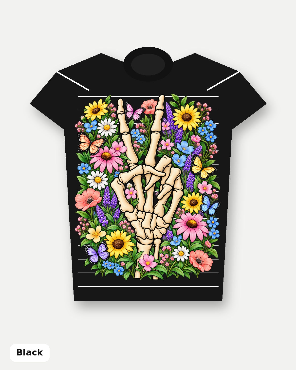 Pastel Floral Skeleton Peace Sign T-Shirt - Black
