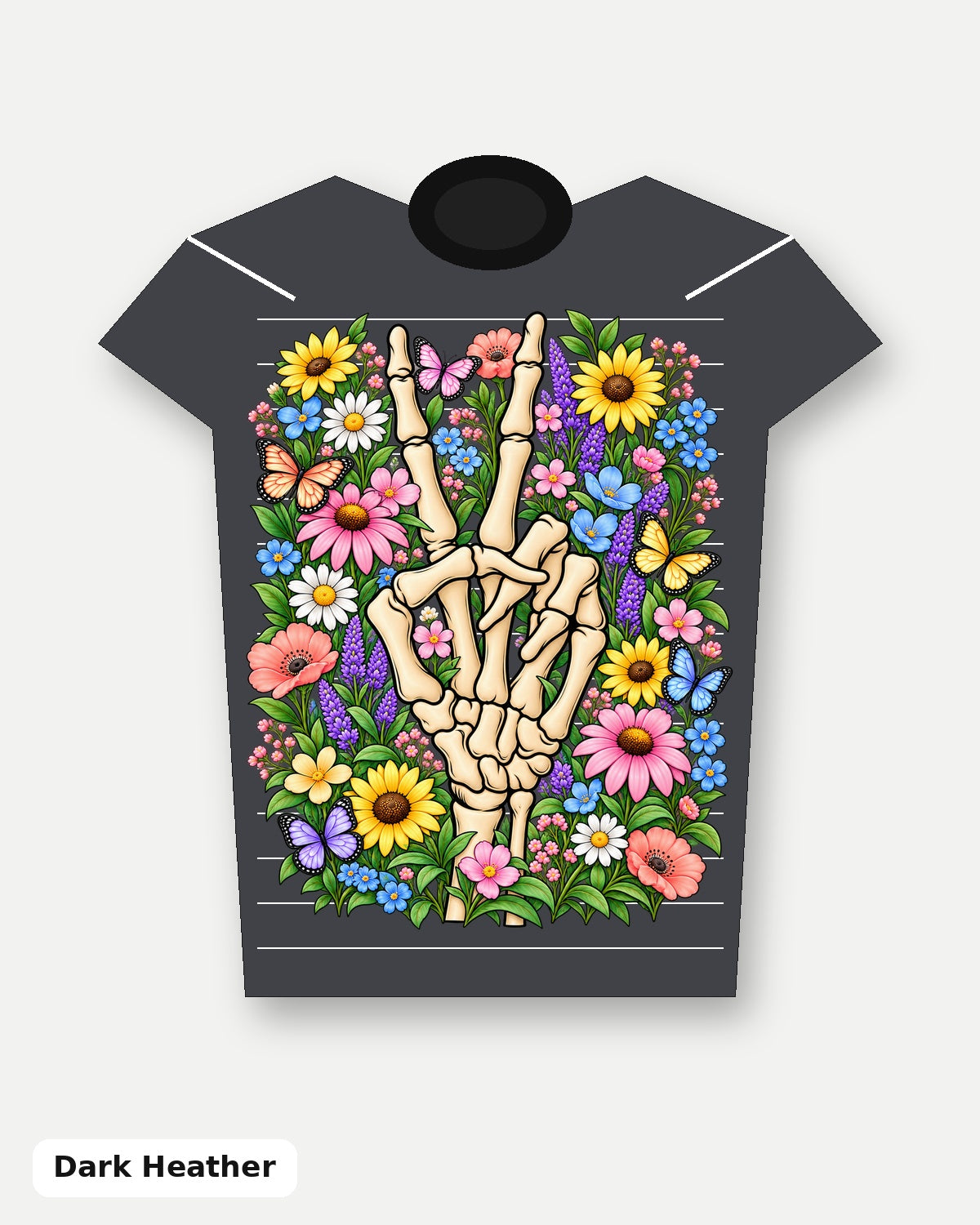 Pastel Floral Skeleton Peace Sign T-Shirt - Dark Heather