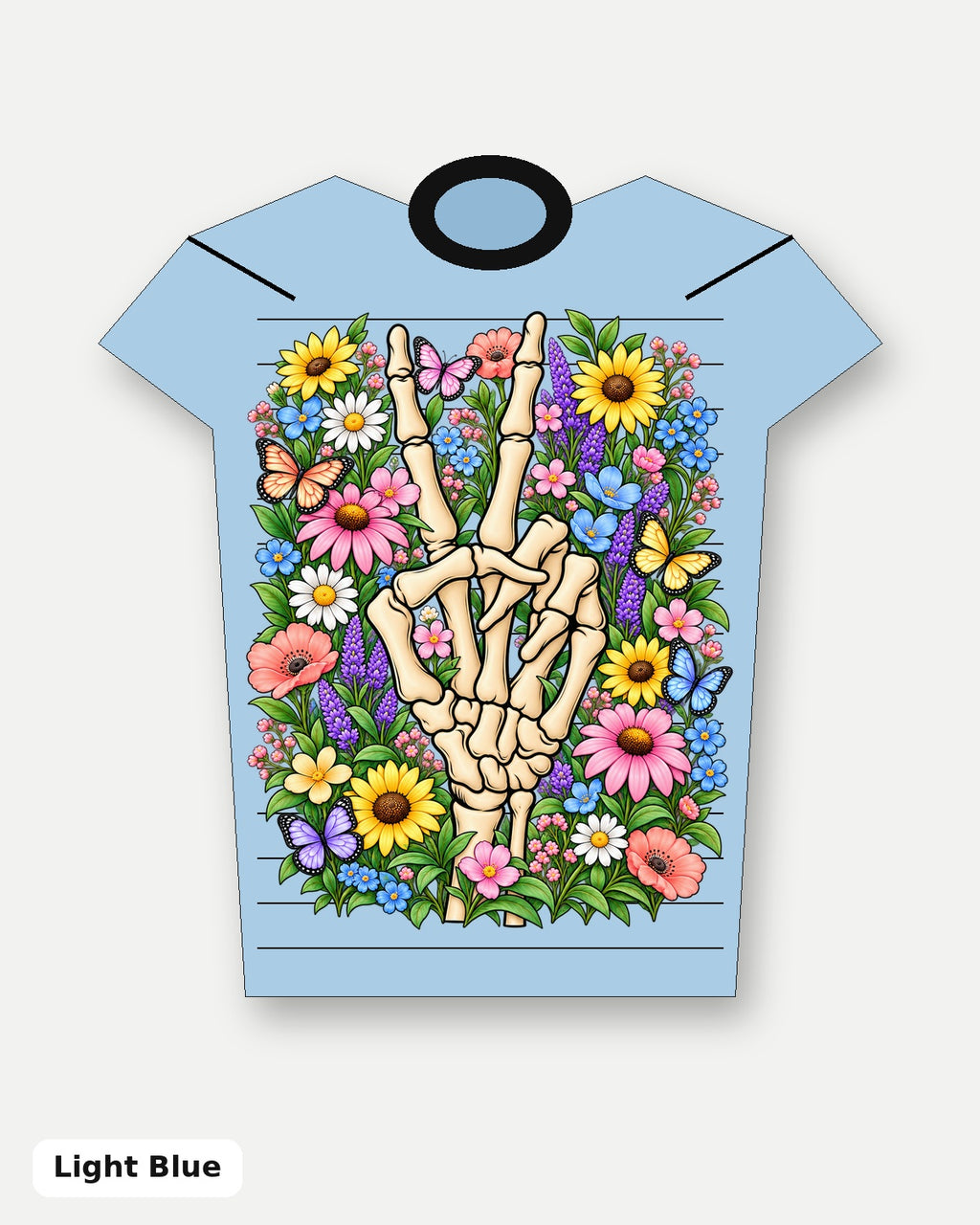 Pastel Floral Skeleton Peace Sign T-Shirt - Light Blue