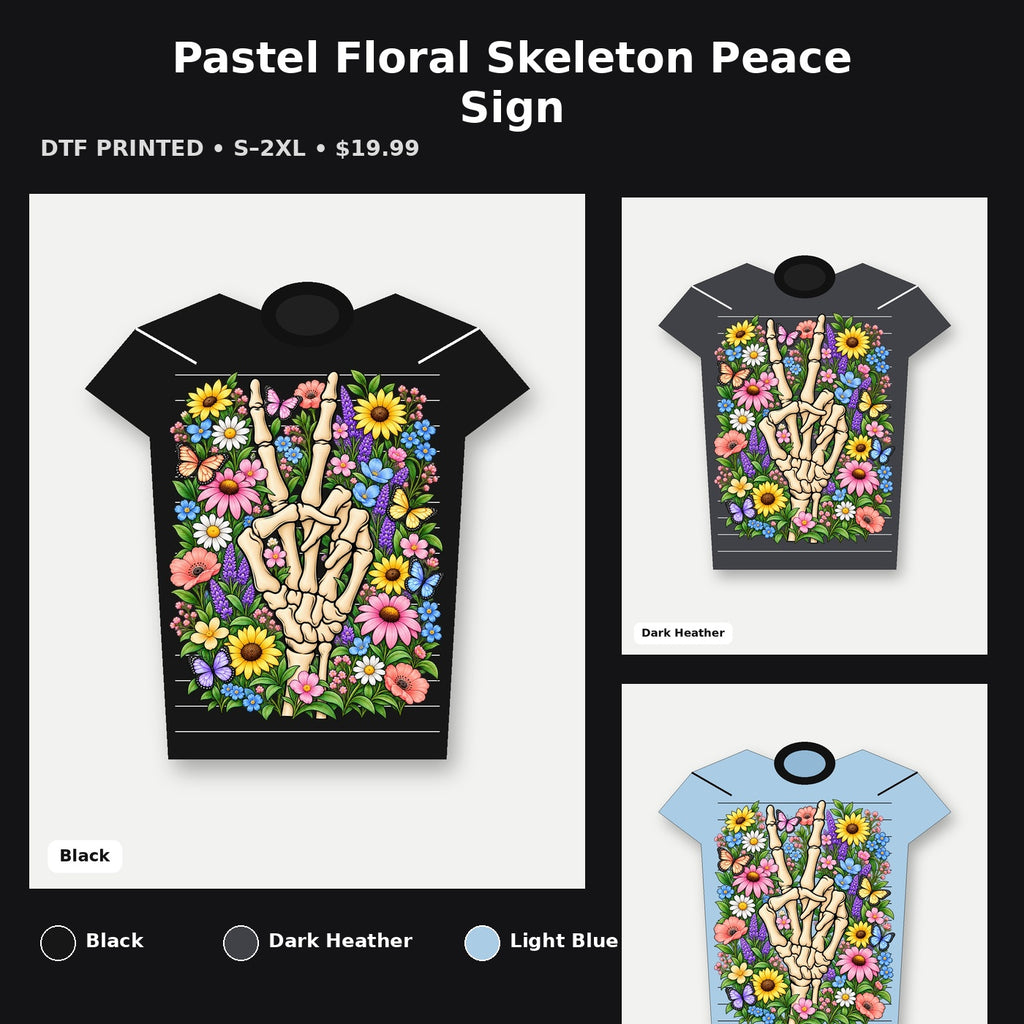 Pastel Floral Skeleton Peace Sign T-Shirt promotional collage with available shirt colors